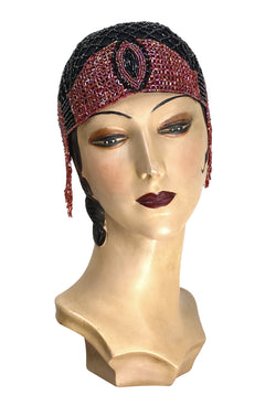 1920s Hand Beaded Gatsby Flapper Party Cap - The Palais - Black Cherry - The Deco Haus