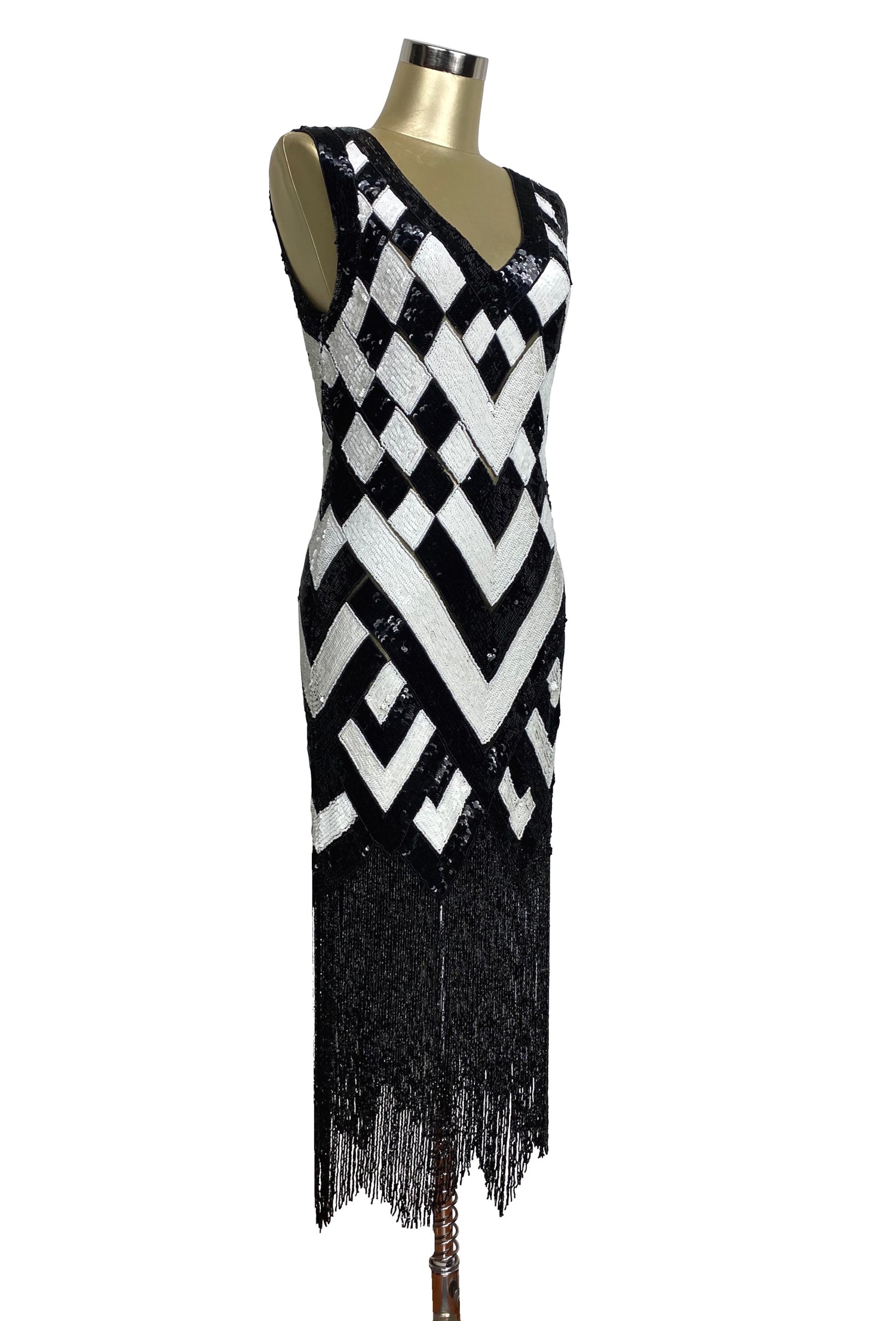 1920s Style Art Deco Flapper Fringe Party Dress - La Bande - Black White L 1920s Style Art Deco Flapper Fringe Party Dress - La Bande - Black White L