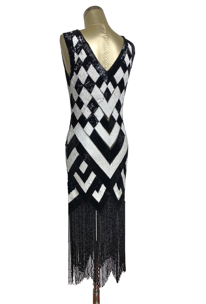 1920s Style Art Deco Flapper Fringe Party Dress - La Bande - Black White L 1920s Style Art Deco Flapper Fringe Party Dress - La Bande - Black White L