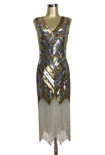 1920s Style Art Deco Flapper Fringe Party Dress - La Bande - Silver Gold
