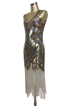 1920s Style Art Deco Flapper Fringe Party Dress - La Bande - Silver Gold