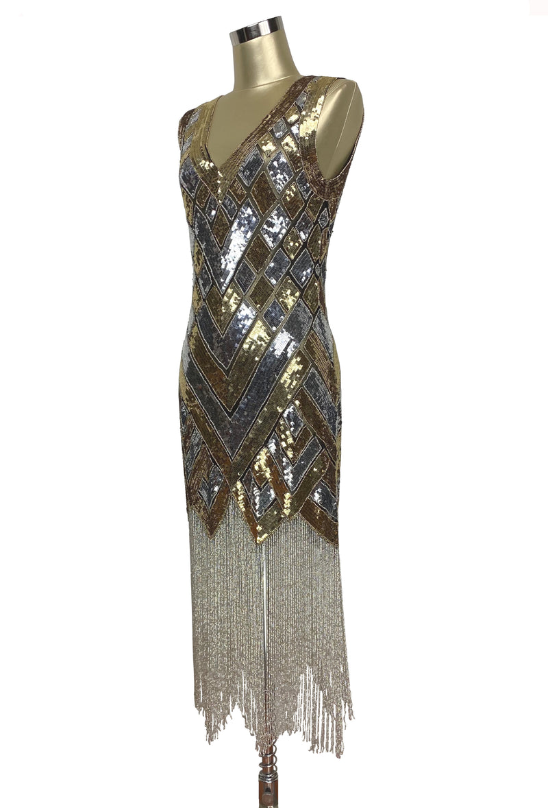 1920s Style Art Deco Flapper Fringe Party Dress - La Bande - Silver Gold L/XL 1920s Style Art Deco Flapper Fringe Party Dress - La Bande - Silver Gold L/XL