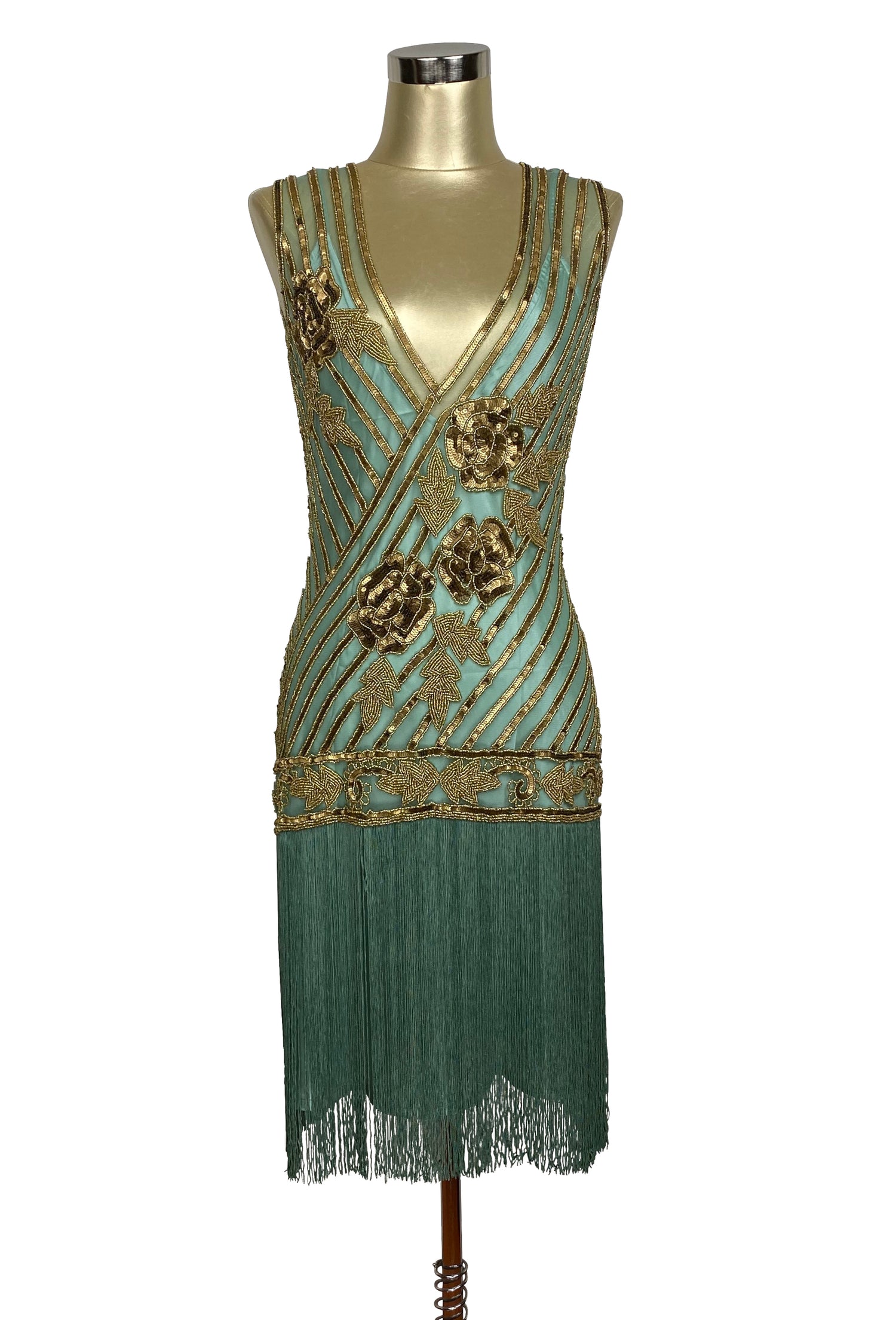 1920s Style Flapper Fringe Party Dress - The &quot;Original&quot; Artist - Gold on Turquoise