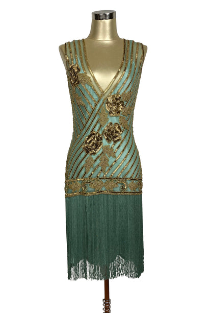1920s Style Flapper Fringe Party Dress - The &quot;Original&quot; Artist - Gold on Turquoise