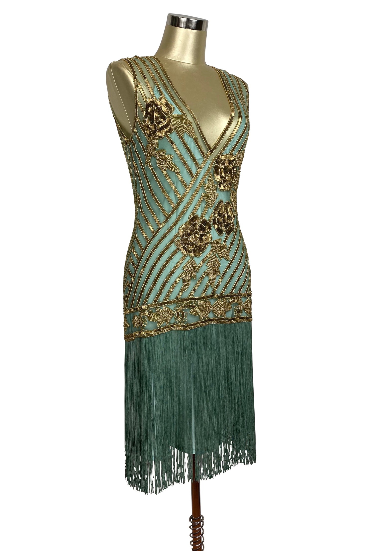 1920s Style Flapper Fringe Party Dress - The &quot;Original&quot; Artist - Gold on Turquoise