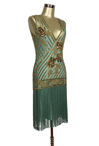 1920s Style Flapper Fringe Party Dress - The &quot;Original&quot; Artist - Gold on Turquoise