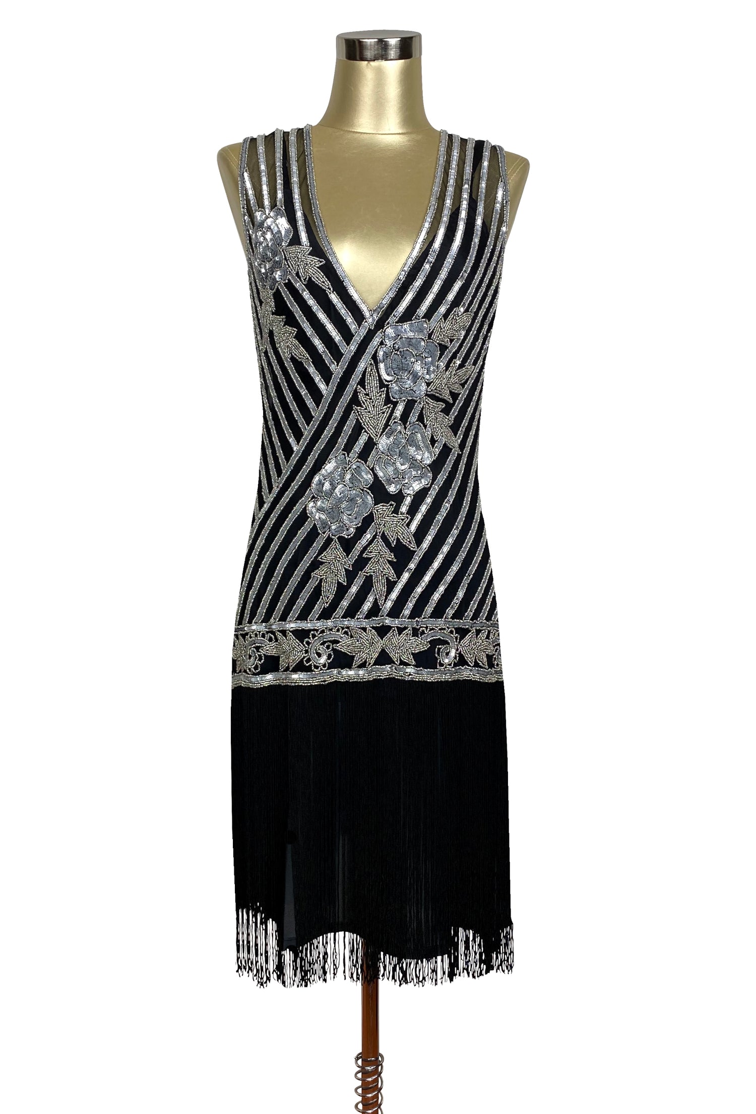 1920s Style Flapper Fringe Party Dress - The Original Artist - Silver on Black L 1920s Style Flapper Fringe Party Dress - The Original Artist - Silver on Black L
