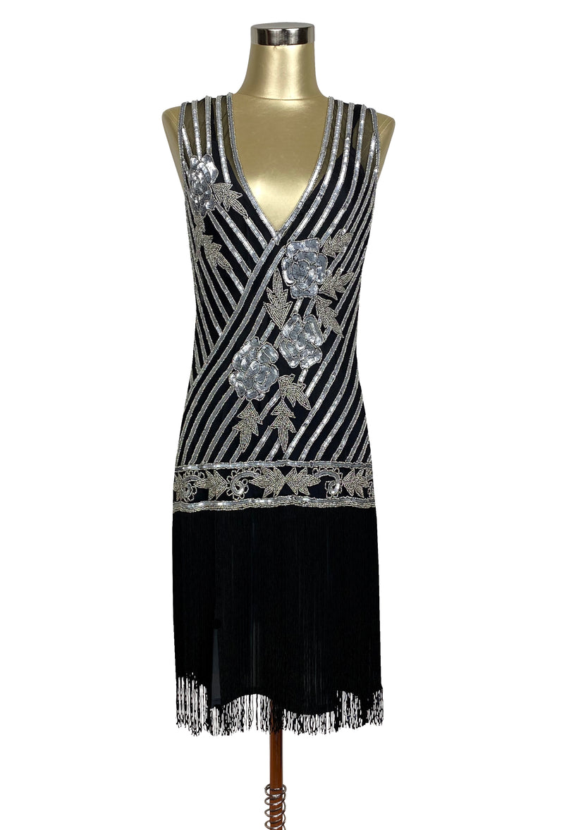 1920s Style Flapper Fringe Party Dress - The "Original" Artist - Silver on Black