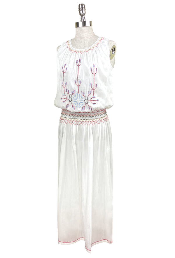 1920's Vintage Embroidered Silk Voile Blouson Liberté Dress  - White