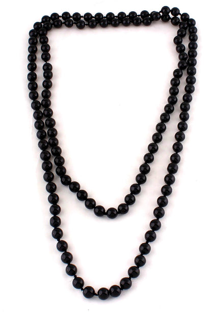 Black beaded pearl-style long necklace with multiple strands and round beads