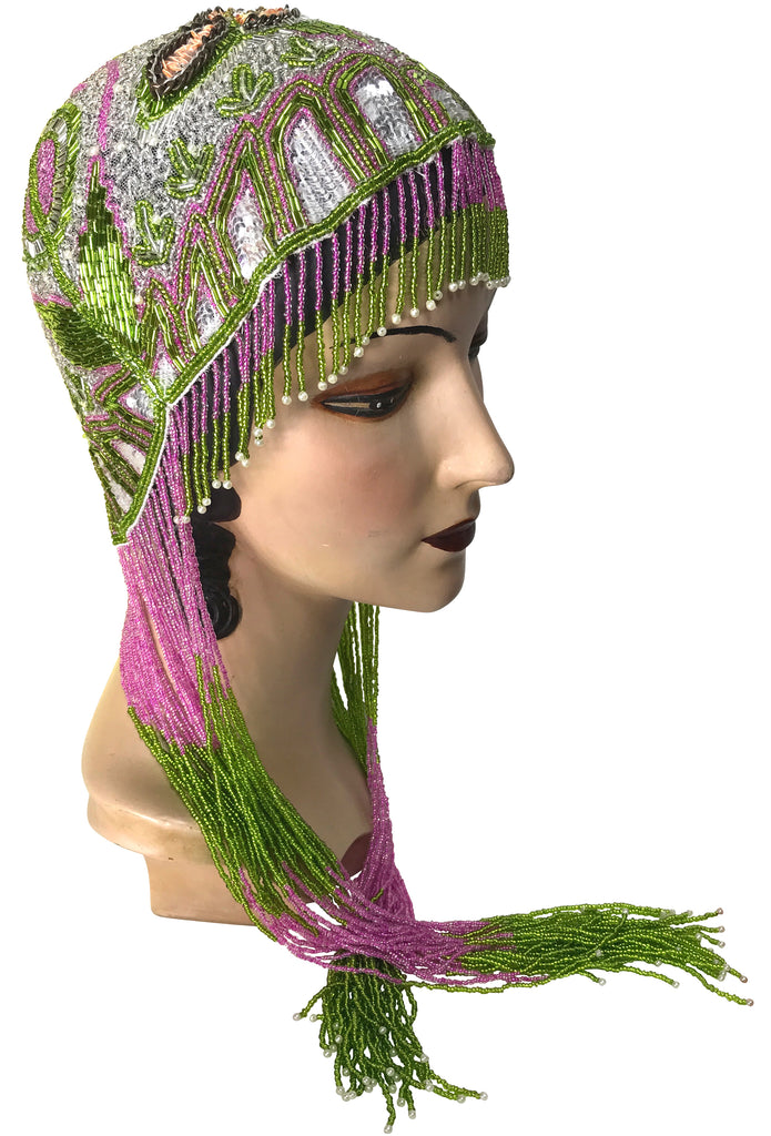 1920s Hand Beaded Gatsby Flapper Party Cap Long Fringe Deco Garden