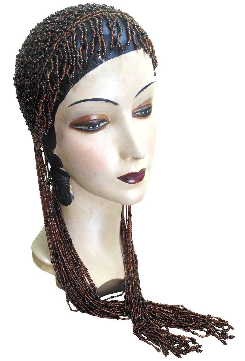 1920s Hand Beaded Gatsby Lattice Flapper Party Cap - Long Fringe - Copper Brown - The Deco Haus