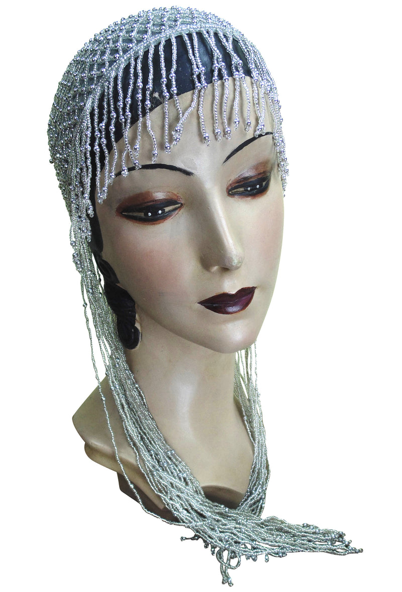 1920s Hand Beaded Gatsby Lattice Flapper Party Cap - Long Fringe - Silver Grey - The Deco Haus