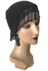 1920s Hand Beaded Gatsby Lattice Flapper Party Cap - Short Fringe - Black Jet - The Deco Haus