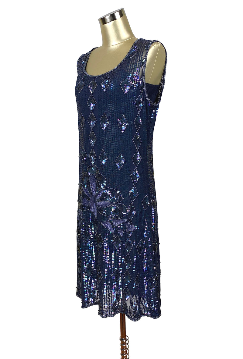 1920s "The Artist" Beaded Sequin Party Dress - The Garçonne - Midnight Blue Iridescent - The Deco Haus