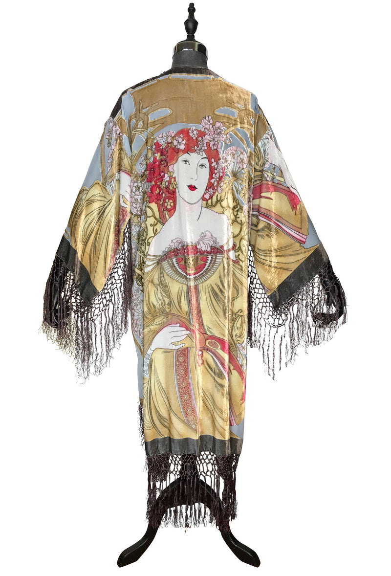 1930's Art Deco Kimono Scarf Long Jacket - Mucha Camelia - Pastel Blue Silk Velvet