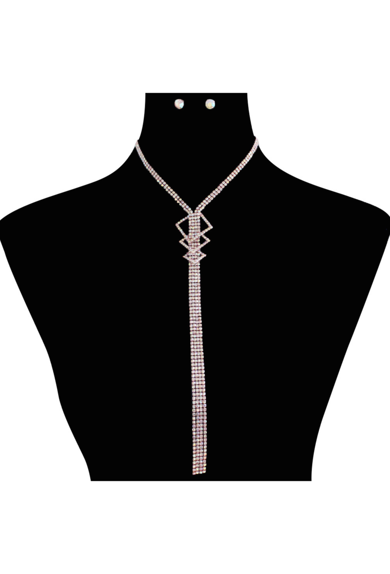 1930's Style Geometric Rhinestone Tassel Necklace - Rose Gold