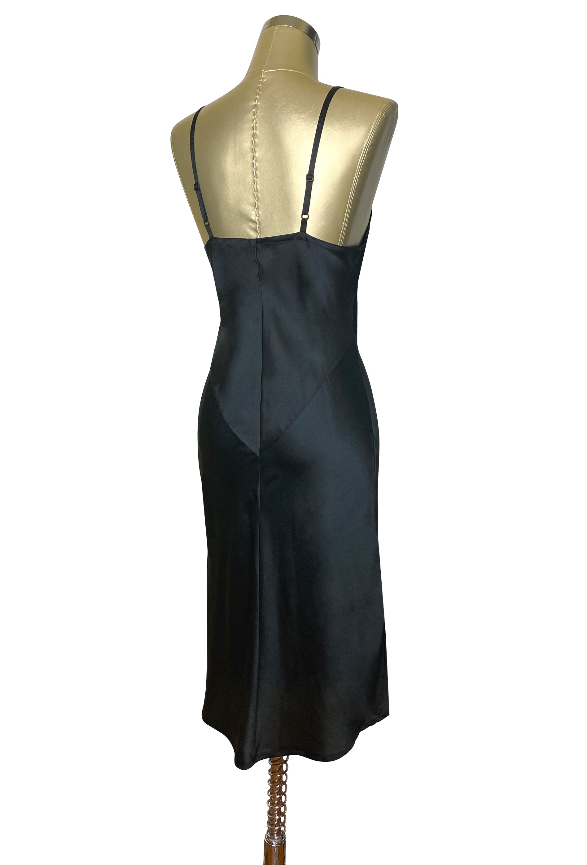 1930's Style Panel Bias Satin Slip Dress - Black