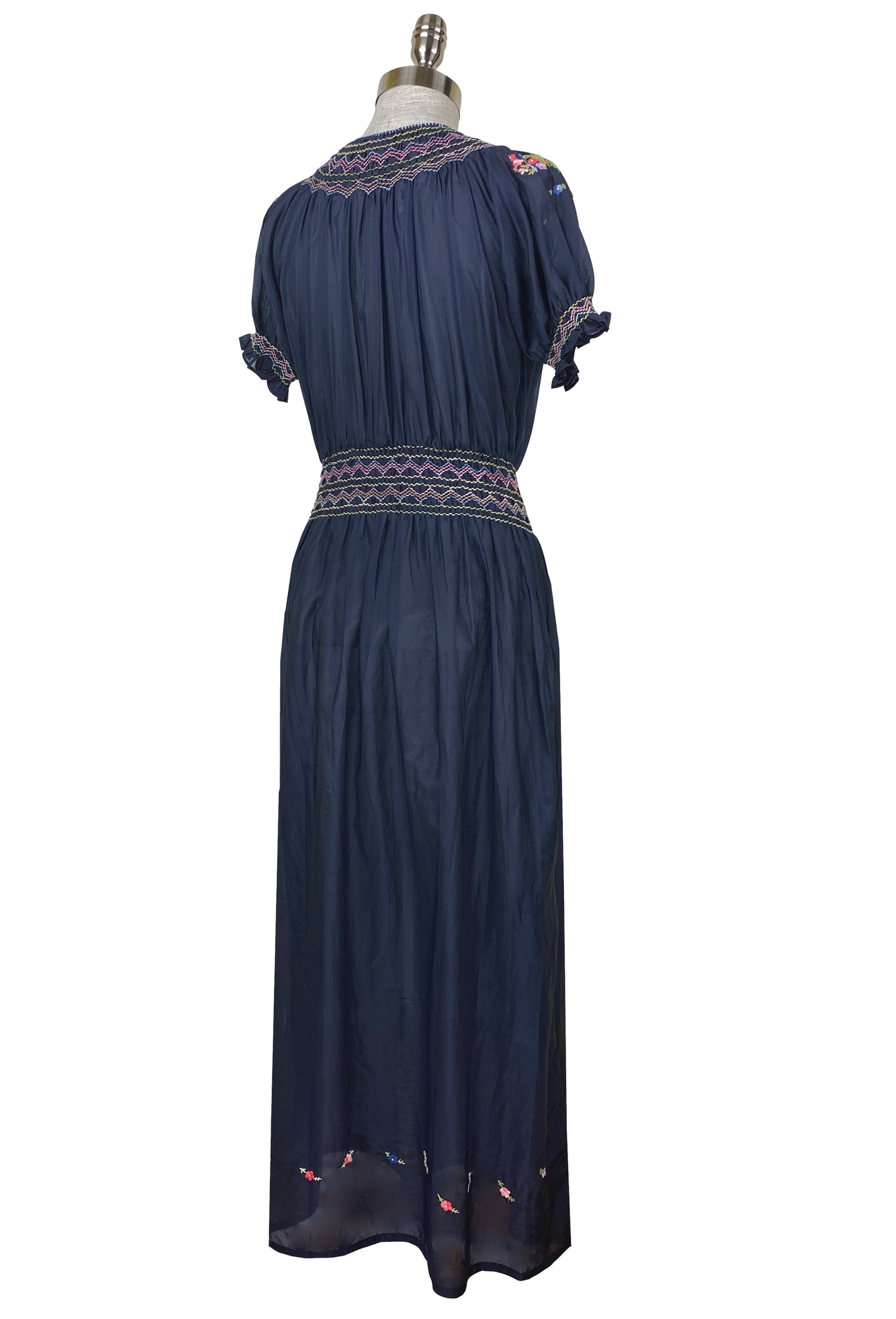 1930's Vintage Embroidered Silk Voile Bohme Dress - Ink XL 1930's Vintage Embroidered Silk Voile Bohme Dress - Ink XL