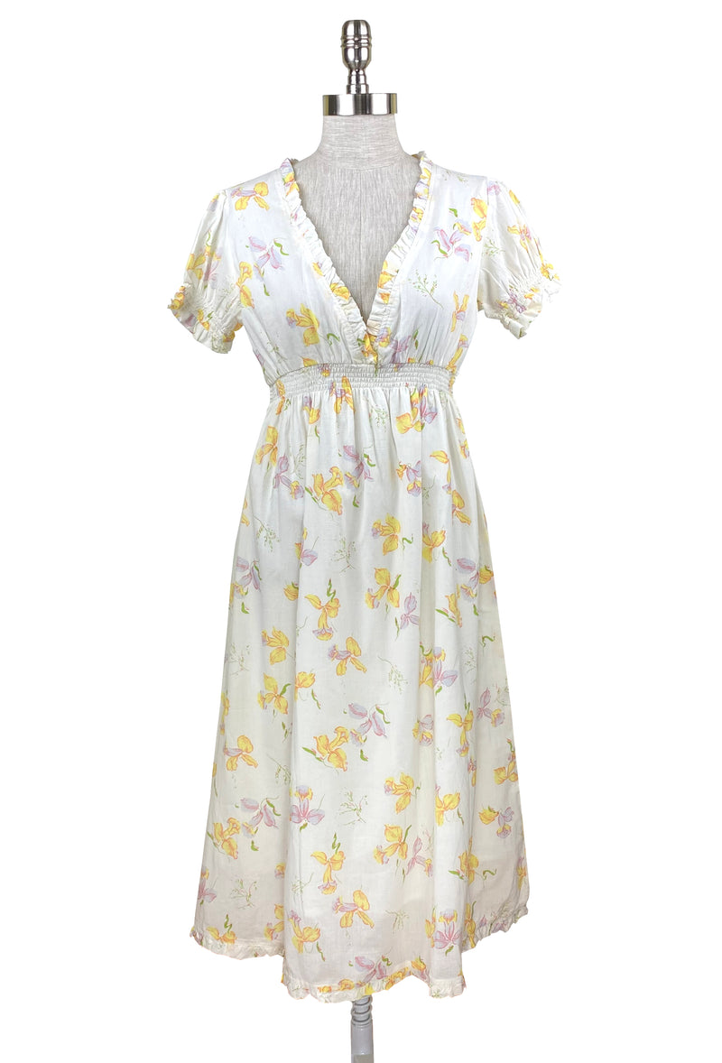 1930's Vintage Smocked Daffodil Print Voile Dress - White