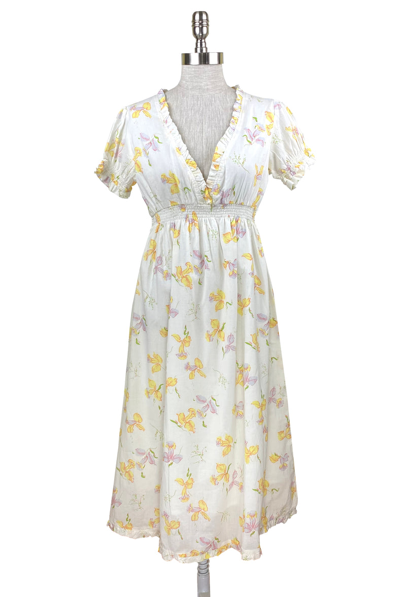 1930's Vintage Smocked Daffodil Print Voile Dress White