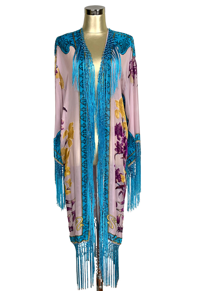 1930's Art Deco Kimono Scarf Long Jacket - Mucha Helena - Pink Turquoise - The Deco Haus