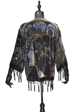 1930's Art Deco Kimono Scarf Short Jacket - Mucha Zodiac Fortuneteller - Black Velvet - The Deco Haus