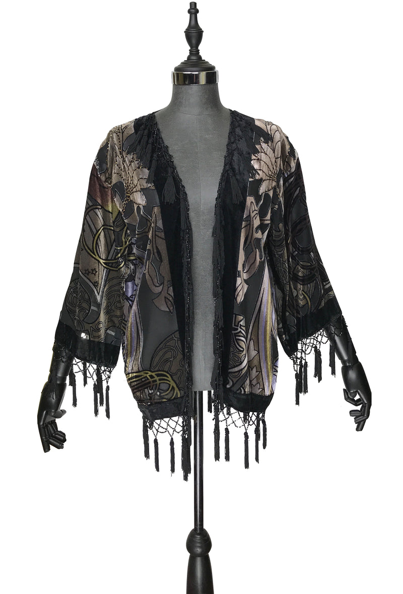 1930's Art Deco Kimono Scarf Short Jacket - Mucha Zodiac Fortuneteller - Black Velvet - The Deco Haus