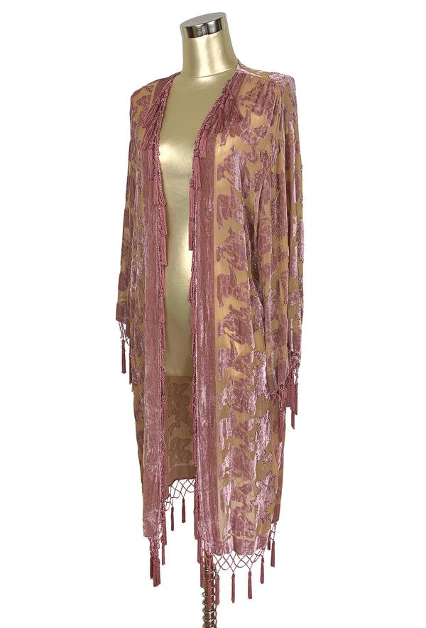 1930's Silk Velvet Tassel Vintage Victorian Cherub Evening Kimono - Rose Pink - The Deco Haus