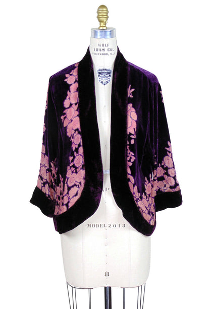 The Art Deco Velvet Burnout Bolero 1920s Smoking Jacket - Amethyst Floral - The Deco Haus