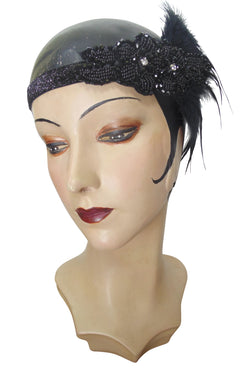 Black Luxe Ostrich Art Deco Vintage Style Wedding Headband Bandeau - The Deco Haus