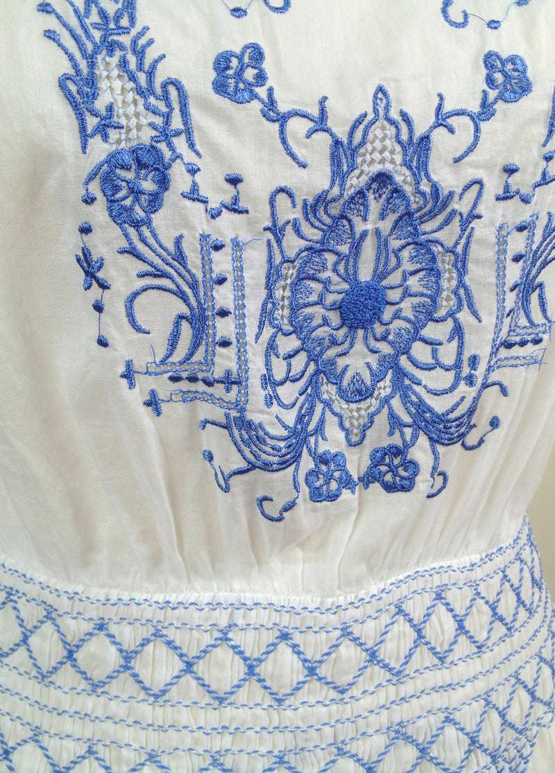 1930s Vintage Embroidered Smocked Bohemian Peasant Dress - The Heirloom - French Blue on White - The Deco Haus
