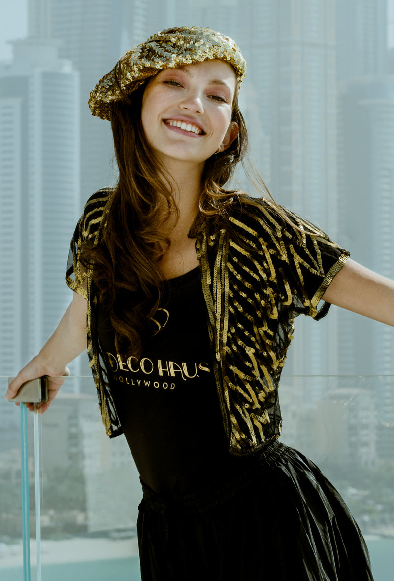 The Vintage Art Nouveau Hand Beaded Sequin Bolero Jacket - Gold On Black L/XL The Vintage Art Nouveau Hand Beaded Sequin Bolero Jacket - Gold On Black L/XL