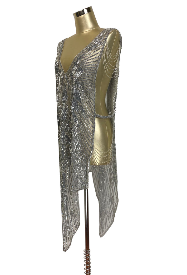 Cinema Collection - 1920's Art Deco Panel Draped Tabard Gown - The Blow-Up Dress - Hollywood Silver