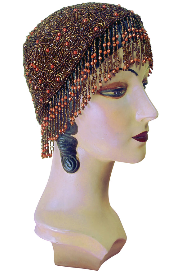 1920s Hand Beaded Gatsby Flapper Party Cap - Short Fringe - Copper - The Deco Haus