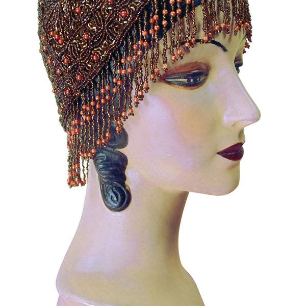 1920s Hand Beaded Gatsby Flapper Party Cap Short Fringe Copper