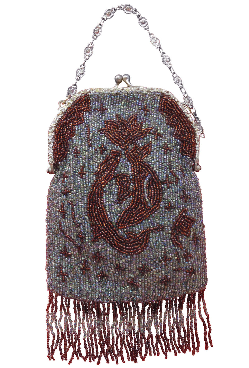 1920's Inspired Gatsby Beaded Fringe Evening Purse - Sterling Copper - The Deco Haus