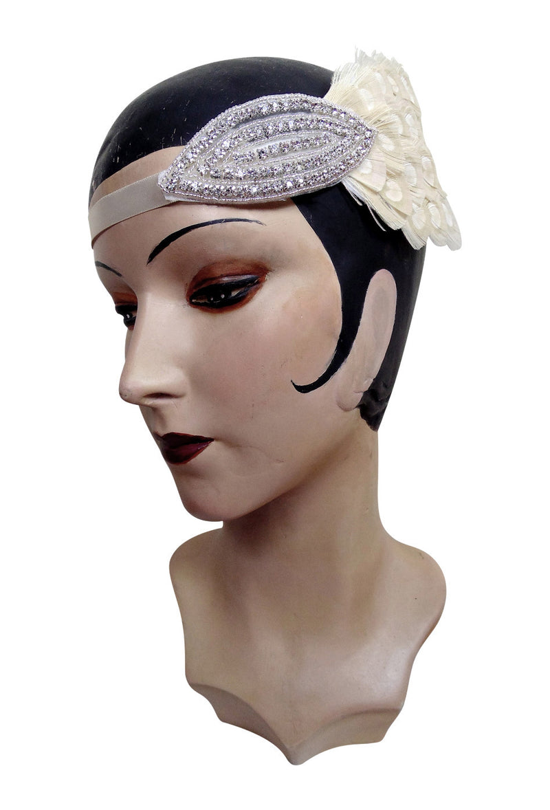 Creme Ostrich Art Deco Vintage Style Wedding Headband Bandeau - The Deco Haus