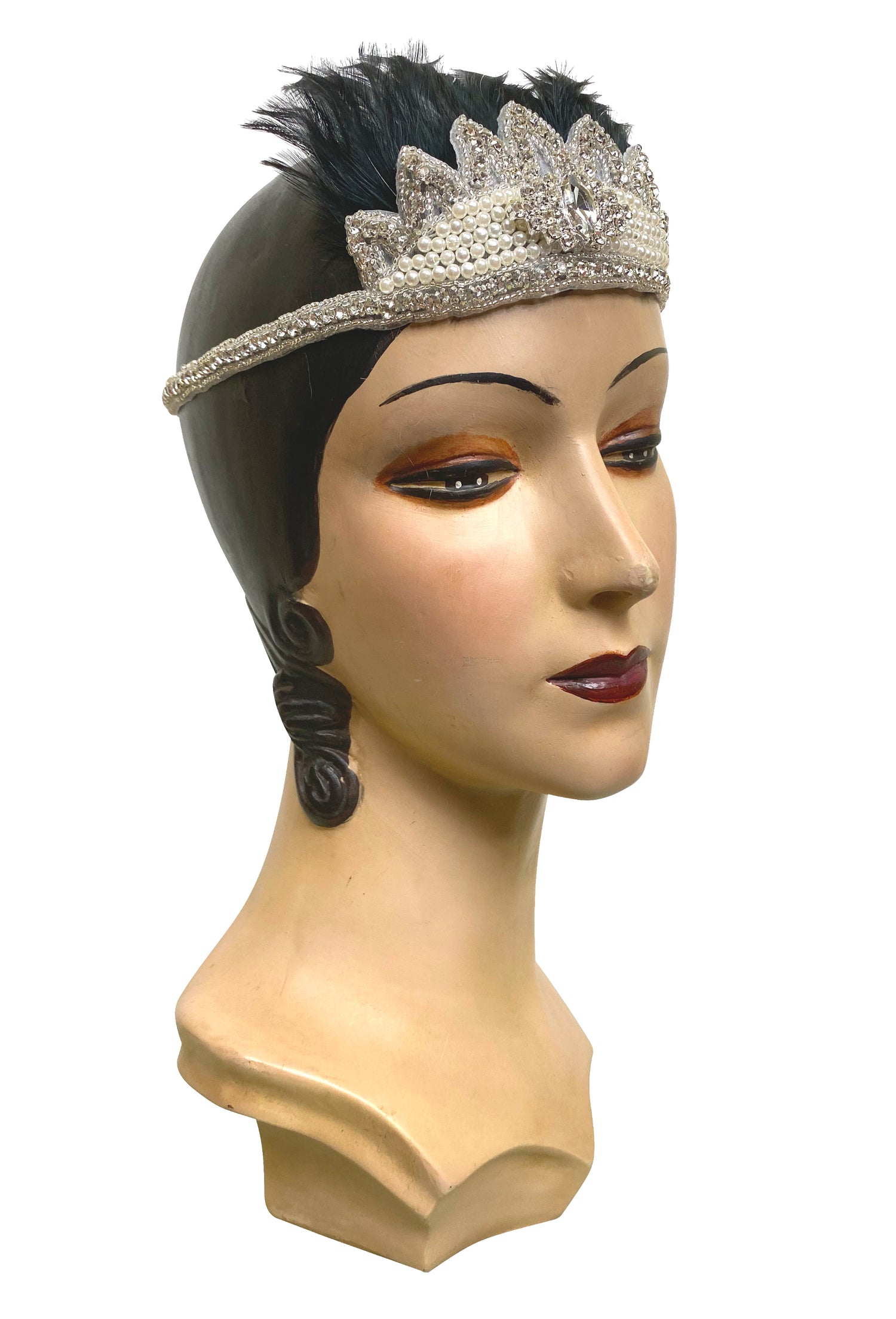 Crown Ostrich Art Deco Vintage Style Wedding Headband - Black