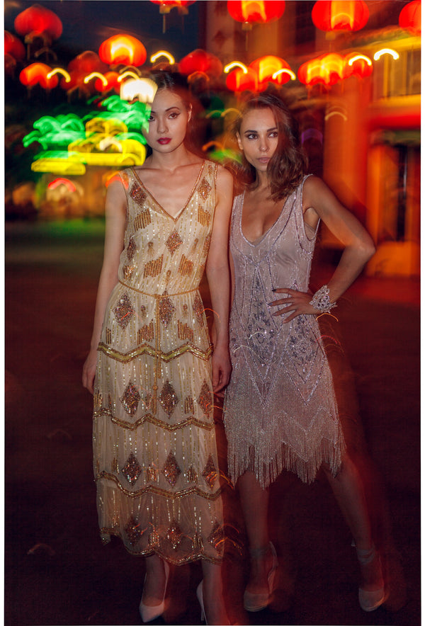 The Art Deco Hand Beaded Vintage 1920s Maxi Swank Gown - Absinthe Green The Deco Haus