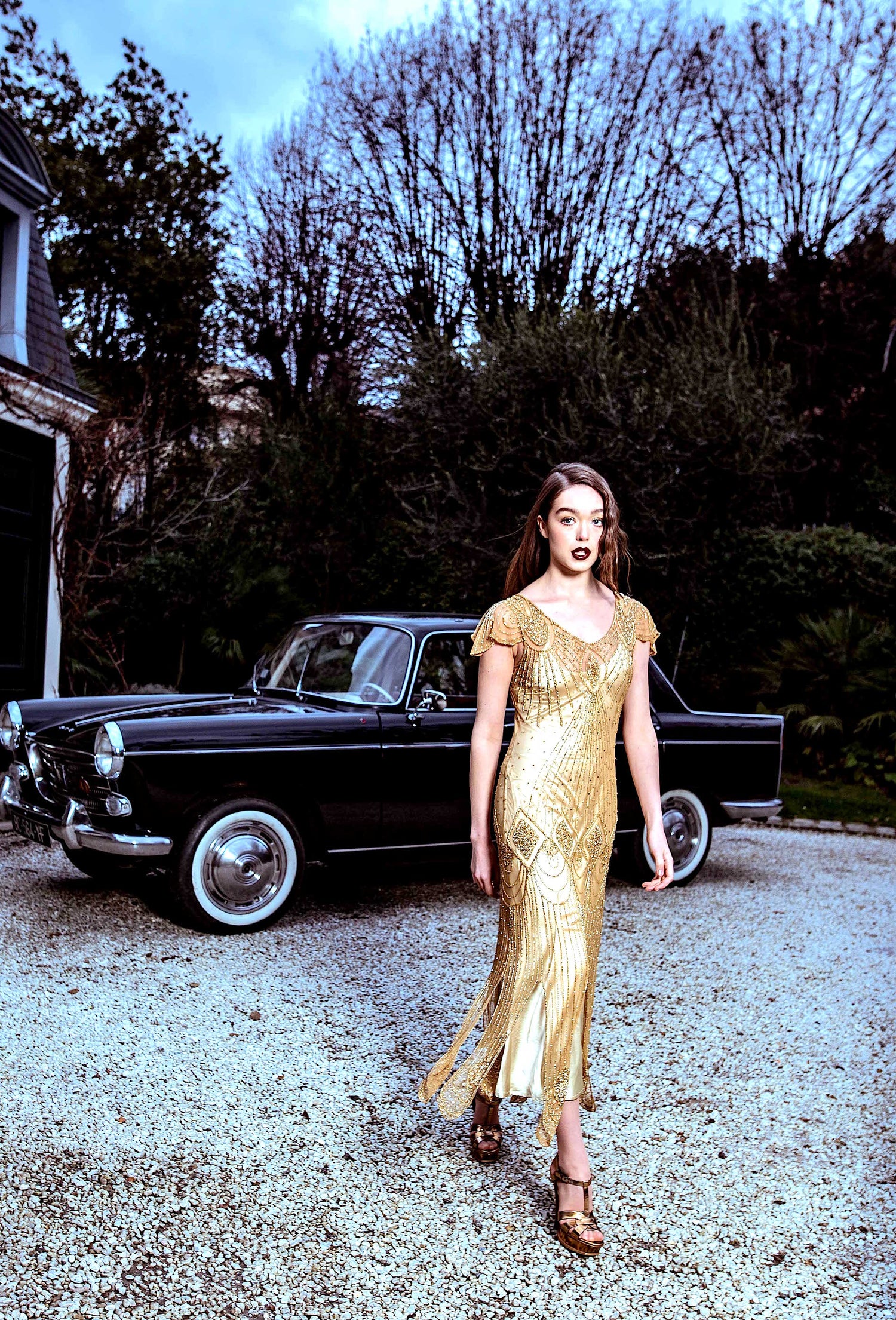 1920's Gatsby Flutter Sleeve Beaded Party Dress - The Starlet - Full-Length - Butterscotch Gold XS/S 1920's Gatsby Flutter Sleeve Beaded Party Dress - The Starlet - Full-Length - Butterscotch Gold XS/S