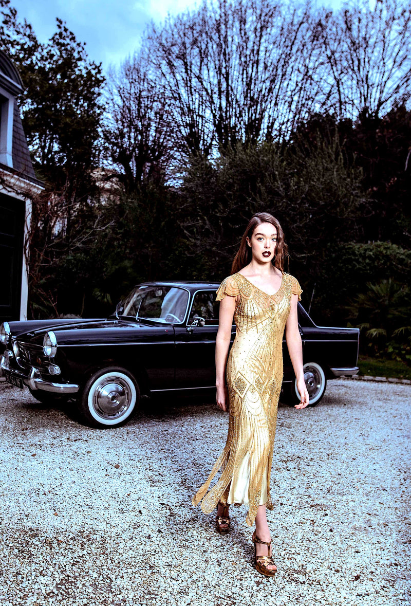 1920's Gatsby Flutter Sleeve Beaded Party Dress - The Starlet - Full-Length - Butterscotch Gold Xs/S 1920's Gatsby Flutter Sleeve Beaded Party Dress - The Starlet - Full-Length - Butterscotch Gold Xs/S