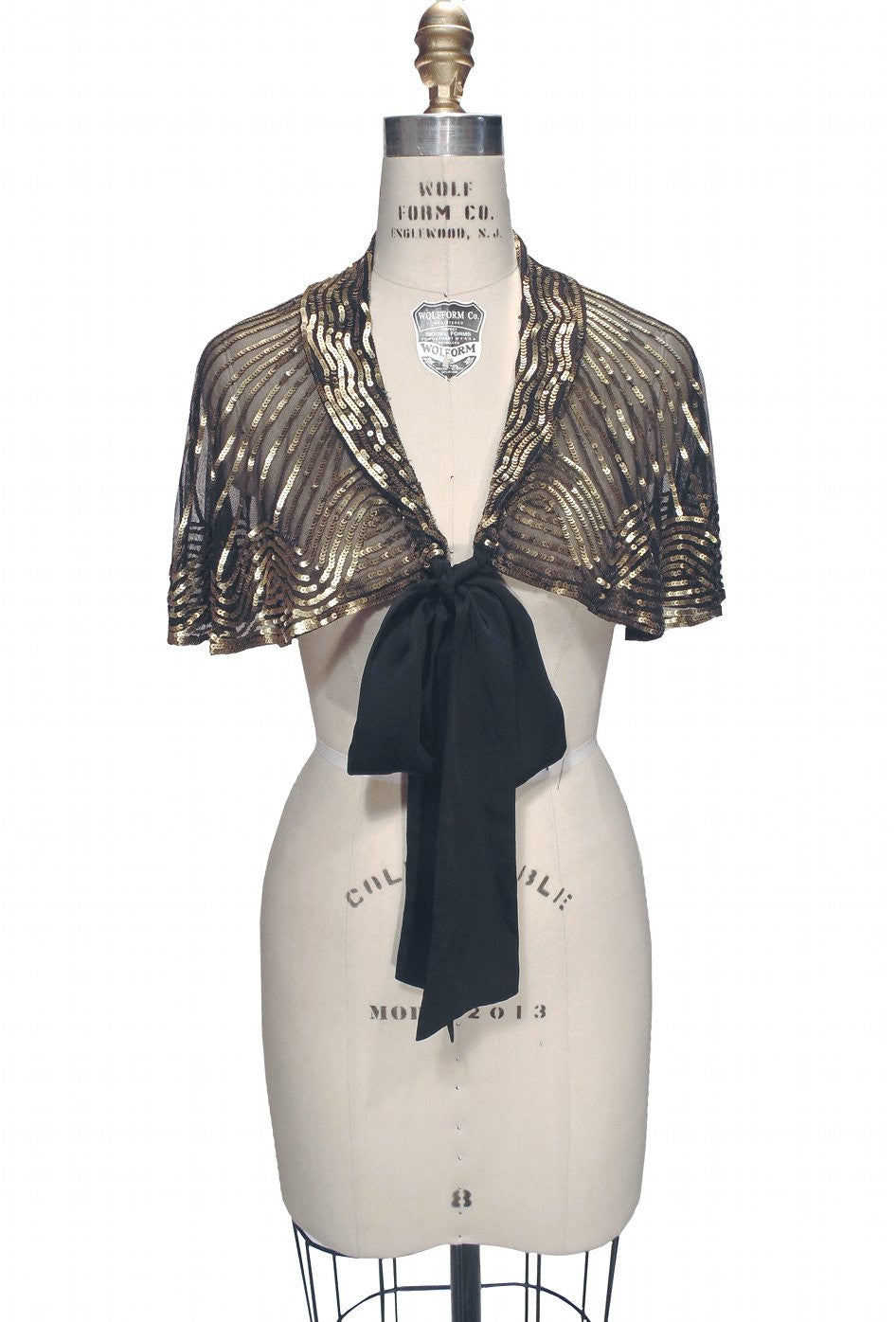 1920s Beaded Silk Bow Flapper Capelet - The Garbo - Gold on Jet - The Deco Haus