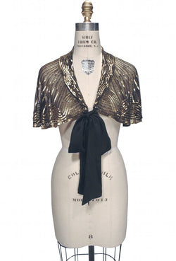1920s Beaded Silk Bow Flapper Capelet - The Garbo - Gold on Jet - The Deco Haus