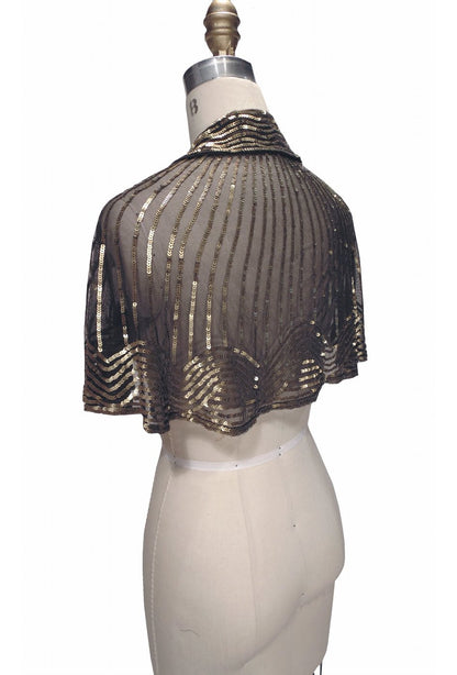 1920s Beaded Silk Bow Flapper Capelet - The Garbo - Gold on Jet - The Deco Haus