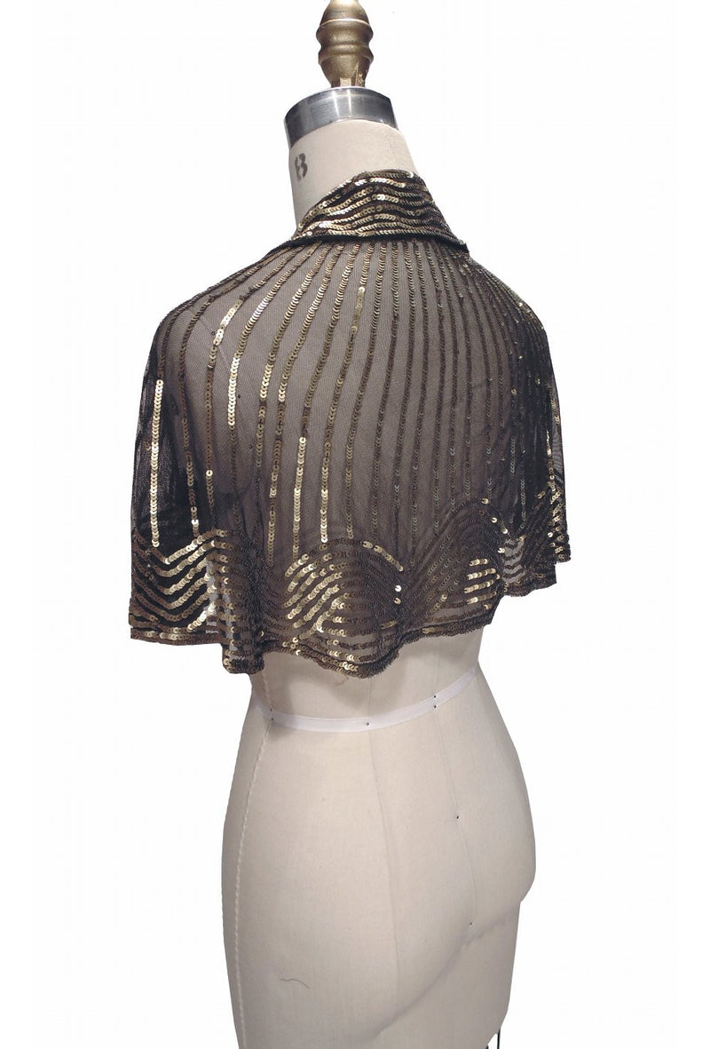 1920s Beaded Silk Bow Flapper Capelet - The Garbo - Gold on Jet - The Deco Haus