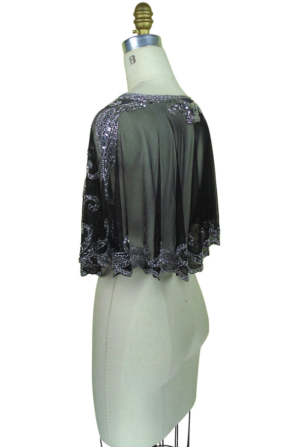 1920's Beaded Vintage Glamour Shawl Capelet - The Claudette - Black Silver - The Deco Haus