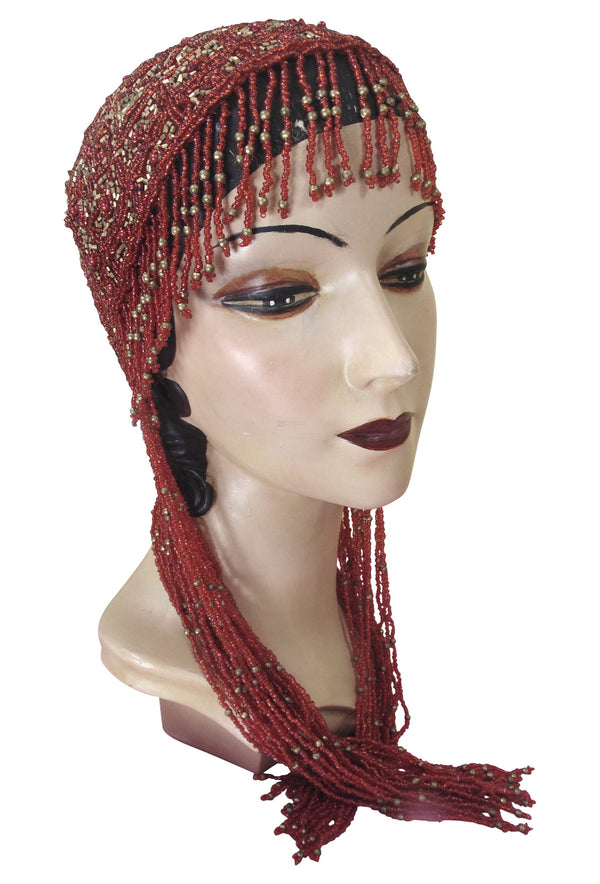 1920s Hand Beaded Gatsby Flapper Party Cap - Long Fringe - Red & Gold - The Deco Haus