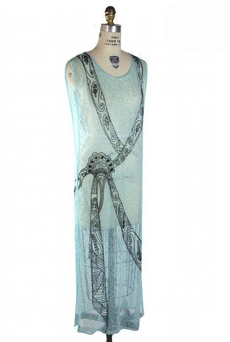 1930s Art Deco Hand Beaded Panel Gown - The Corsage - Aqua - The Deco Haus