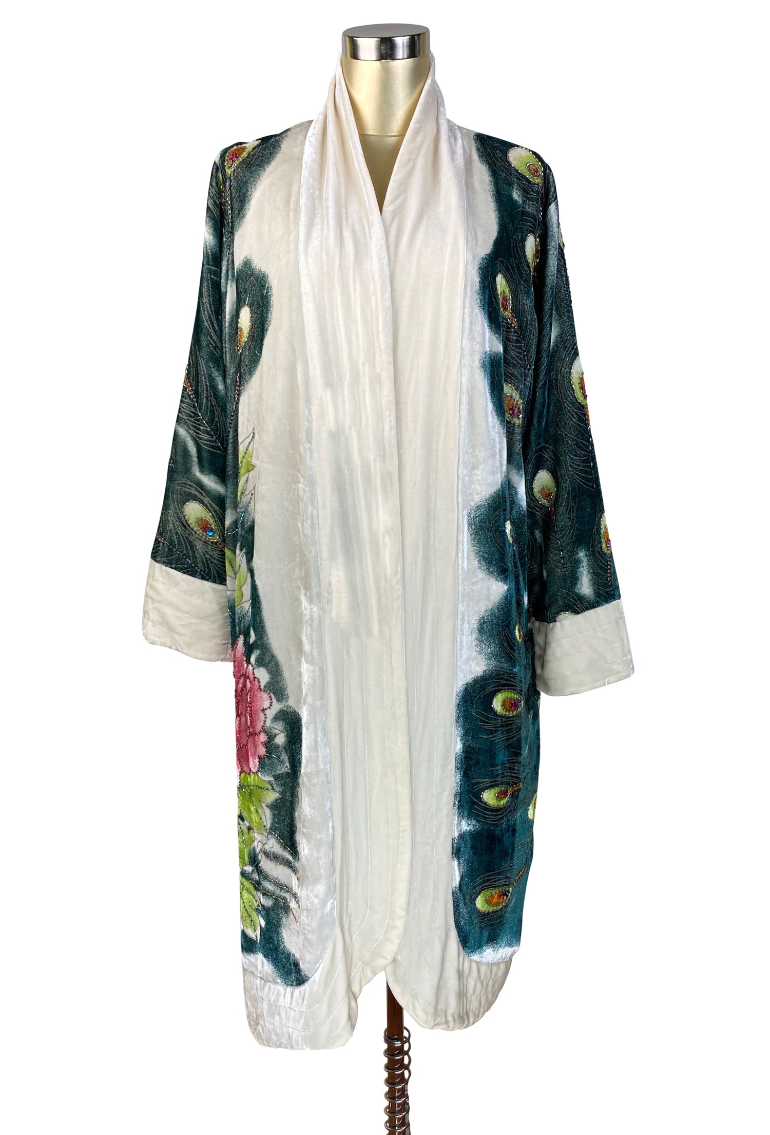 Luxe Art Deco 1920s Silk Velvet Beaded Peacock Lounging Robe - Ivory